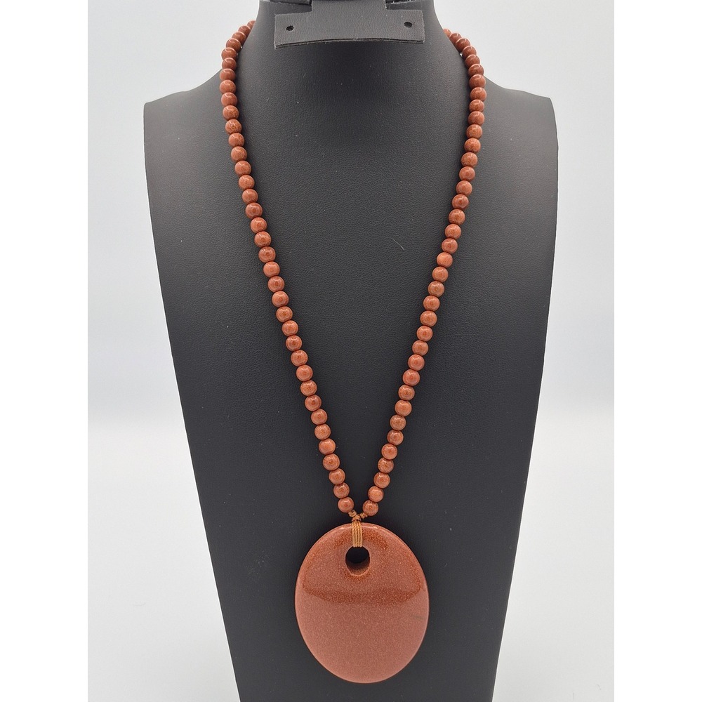 Goldstone Fancy Cut Round Bead Sterling Silver Necklace OS Brown 925